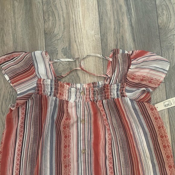 NWT NOBO BROWN/RUST/WHITE STRIPE FLUTTER SLEEVE SQUARE NECK SMOCK TOP XL (15-17) - Picture 7 of 12